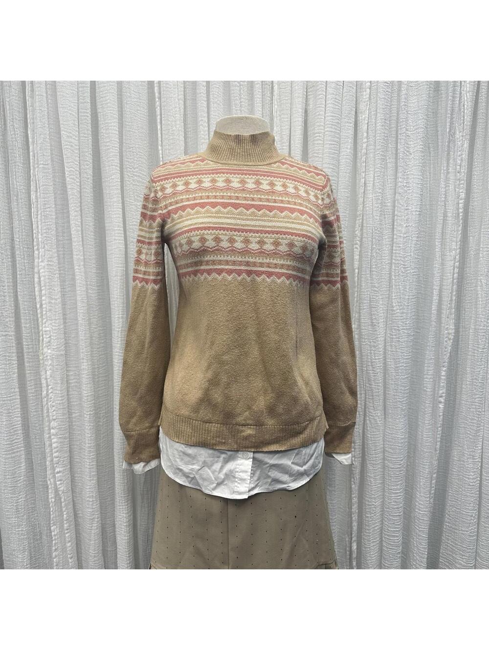 Isaac Mizrahi Boho Preppy Tan Patterned Sweater (XXS)